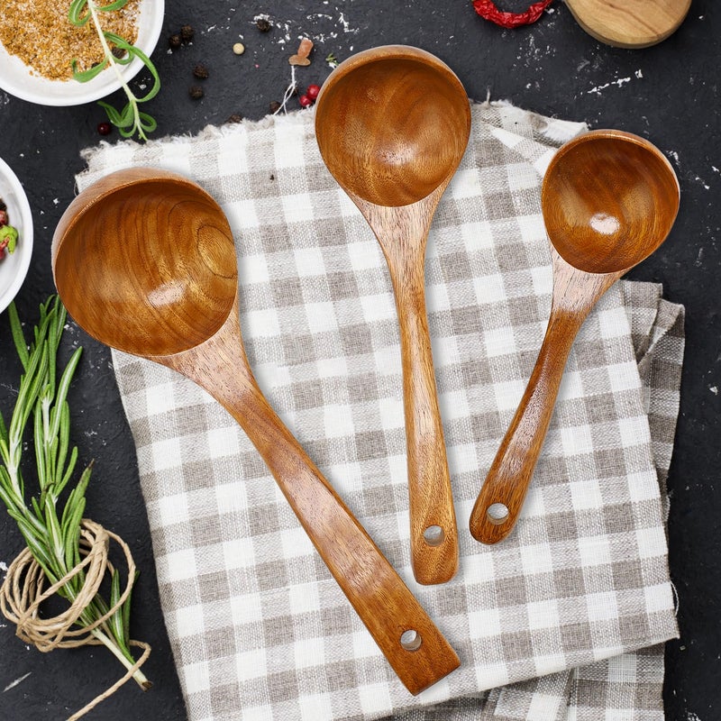 Renawe 3 Pack Wooden Ladles for Serving Spoon Soup Ladle Wood Spoons for Cooking Ladel Large Bamboo Kitchen Tools Ladles Big Spaghetti Spoon Laddle Non Toxic Soup Spoons Teak deep Ladle - Image 2